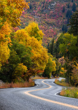 Winding road through autumn foliage in mountains