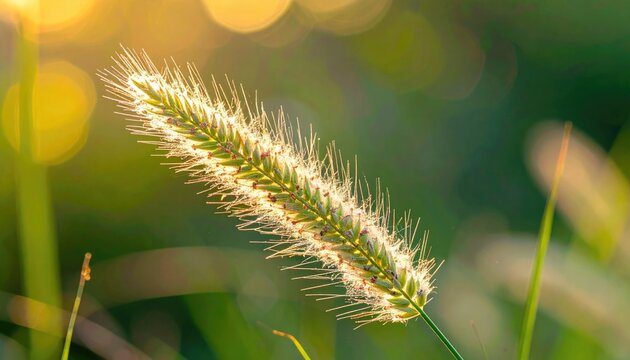 Close-up of a backlit foxtail plant head. Warm sunlight illuminates the fine details and textures, creating a soft bokeh effect