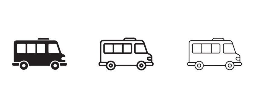 bus icons in black and white on a plain white background for transportation and travel concepts