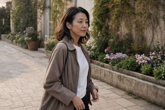 中庭の花壇沿いを歩く女性の自然な横顔