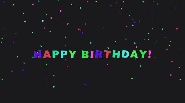 Happy birthday colorful text animation with falling confetti on black background