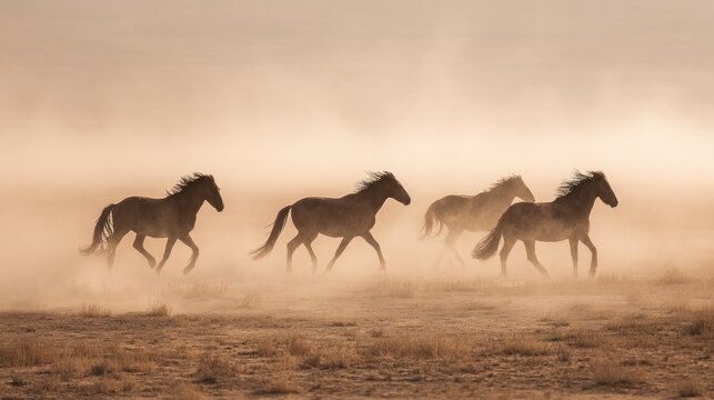 Wild horses running through dust haze