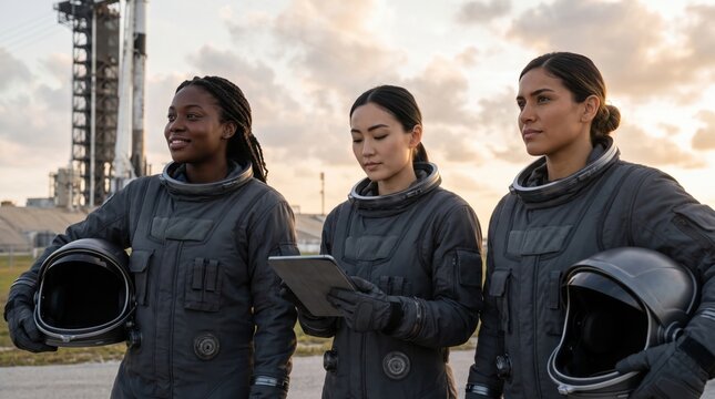 Three women astronauts in dark space suits prepare beside a launch complex at golden hour, holding helmets and a tablet while showing confident teamwork, mission readiness, and future exploration