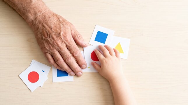 Senior hand and child hand sorting geometric shape flashcards on a wood table for educational therapy and cognitive development