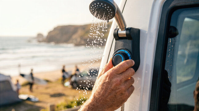 Man using a portable outdoor shower on the side of his camper van at a sunny beach with surfers, vanlife lifestyle and outdoor hygiene on the road