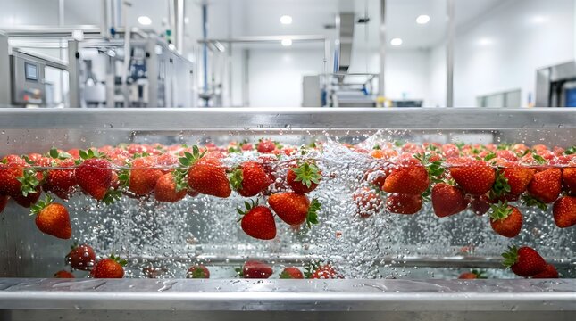 Fresh strawberries being washed in an industrial conveyor water tank