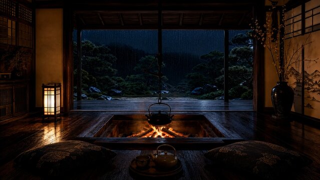 Traditional Japanese Irori Room Overlooking a Rainy Garden at Night