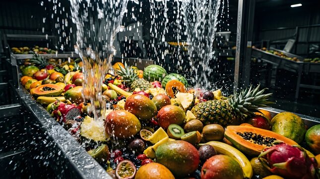 Fresh tropical fruits being washed under running water on a conveyor belt