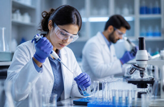 A professional female scientist using a micro-pipette to analyze a blue sample liquid in a modern laboratory, with a male colleague using a microscope in the background.