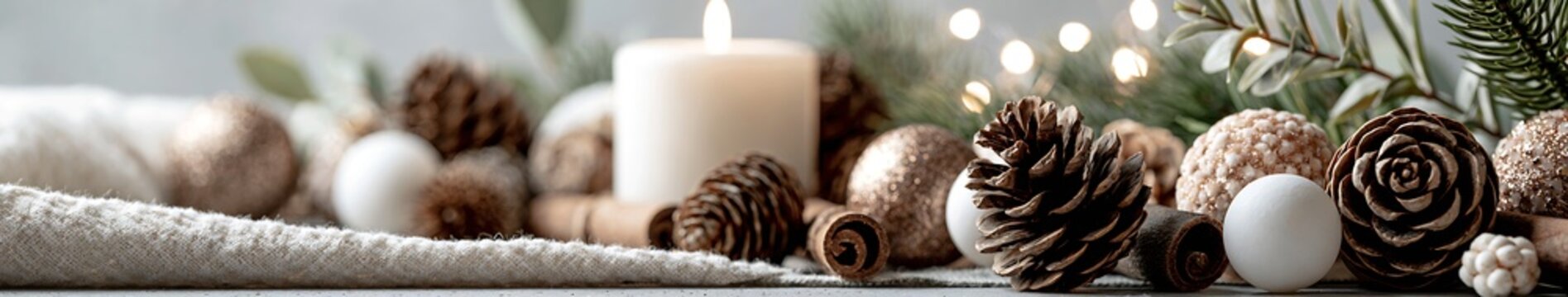 Neutral holiday tabletop arrangement with pine cones, cinnamon sticks, white candle and glitter ornaments on knit fabric