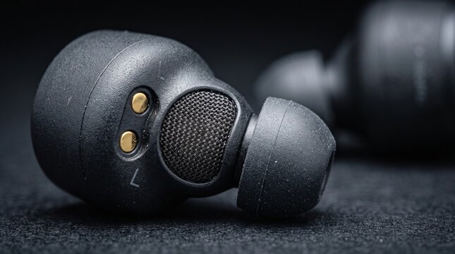 Close-up of premium wireless earbuds showcasing speaker mesh, silicone ear tips, charging contacts, and matte finish, emphasizing modern audio technology and high-quality product design.