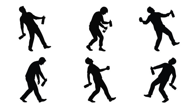 Drunk man walking silhouette, stumbling alone at night
