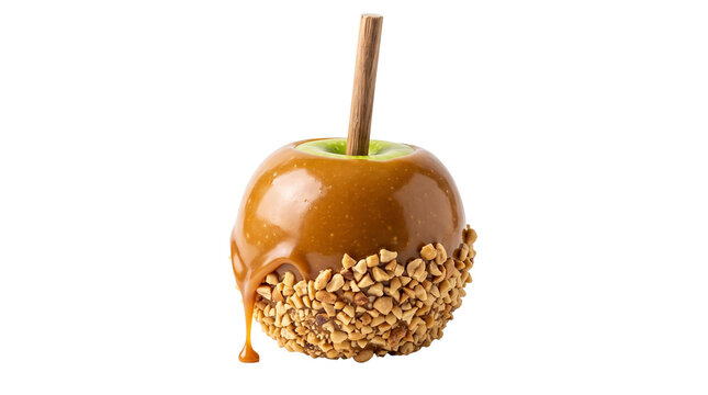 Traditional Halloween gourmet caramel apple coated with crushed peanuts on a wooden stick