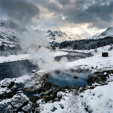 Steaming Hot Springs in a Snowy Mountain Landscape Under Dramatic Clouds.