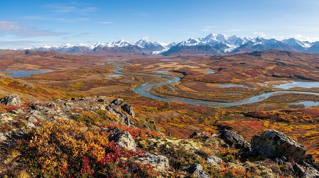 Vast Autumn Tundra Landscape with Winding River and Snow-Capped Mountains.