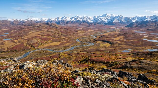Vast Autumnal Landscape with Snow-Capped Mountains and Winding River.