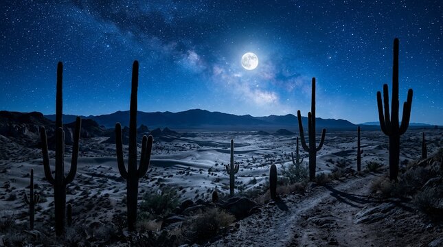 Vast desert landscape under a full moon with saguaro cacti silhouettes.