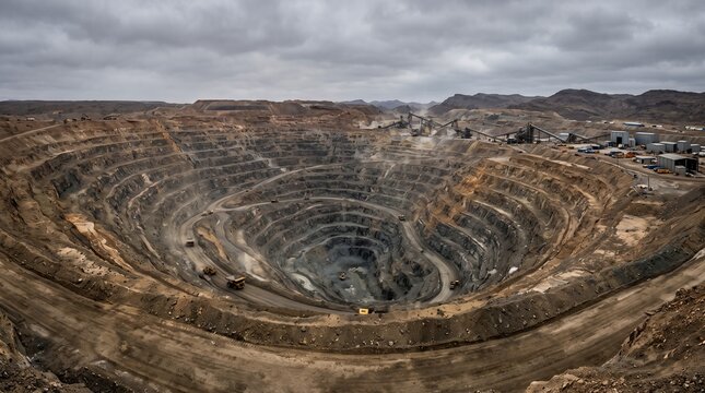 Vast Open Pit Mine Excavation with Terraced Walls and Cloudy Sky.