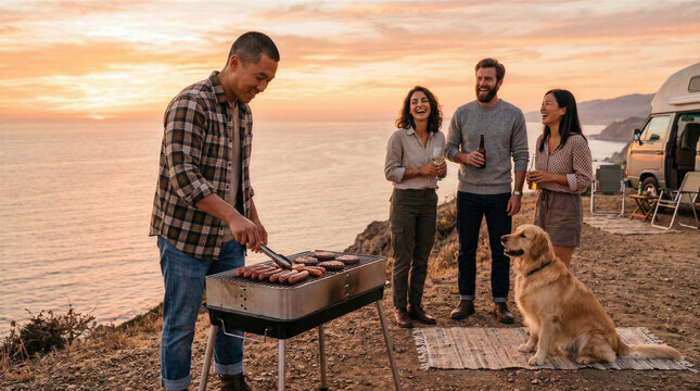 Diverse friends enjoying a vanlife road trip, laughing and having a sunset BBQ with their golden retriever dog on an ocean cliff next to a campervan.