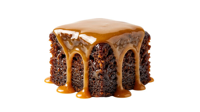Square slice of sticky toffee pudding cake with dripping caramel sauce