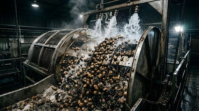 Raw potatoes being washed by industrial water jets in factory machine