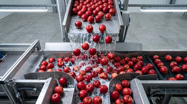 Red apples being washed on a industrial conveyor belt in a factory