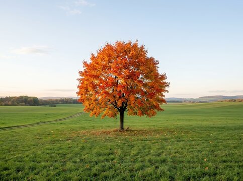 Vibrant Orange Maple Tree Stands Alone in a Grassy Field During Autumn.
