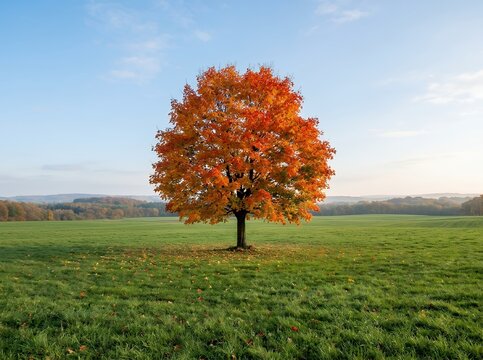 Vibrant Autumn Tree in Grassy Field Under Blue Sky.