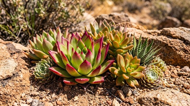 Vibrant Succulent Plants Growing in Rocky Desert Landscape.
