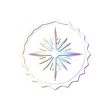Iridescent holographic compass icon on a circular scalloped badge shape