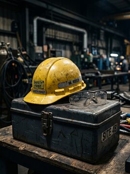 Yellow Hard Hat Resting on Metal Toolbox in Industrial Workshop.
