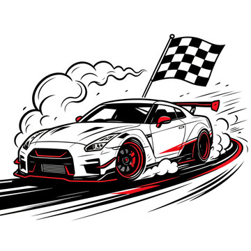 Dynamic vector illustration of a generic sports car drifting on a race track with smoke effects and a checkered flag.