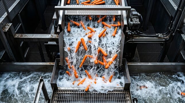 Carrots being washed with water on an automated industrial conveyor belt.
