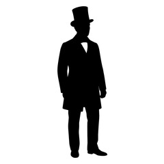Obraz premium A striking black silhouette of a man dressed in 19th-century Victorian attire, featuring a formal top hat, a long frock coat, and tailored trousers.