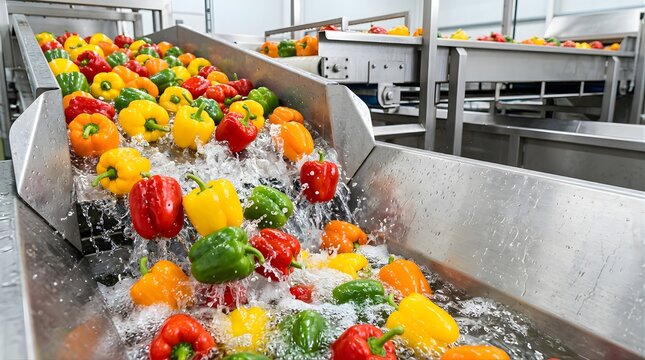 Fresh bell peppers being washed on a factory conveyor belt production line