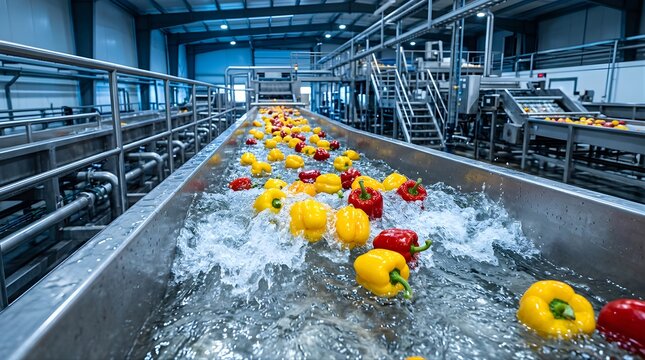 Fresh bell peppers washed on a conveyor belt in a food processing factory