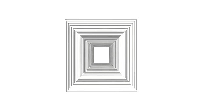Abstract geometric pattern of nested squares receding into infinity, black lines on a white background, minimalist design