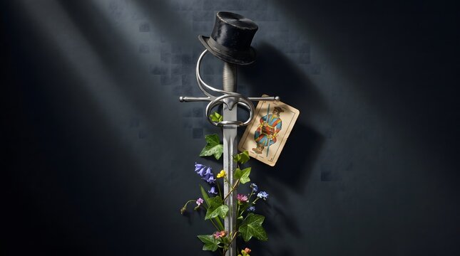 Vintage top hat, cane, and playing cards with flowers in a spotlight