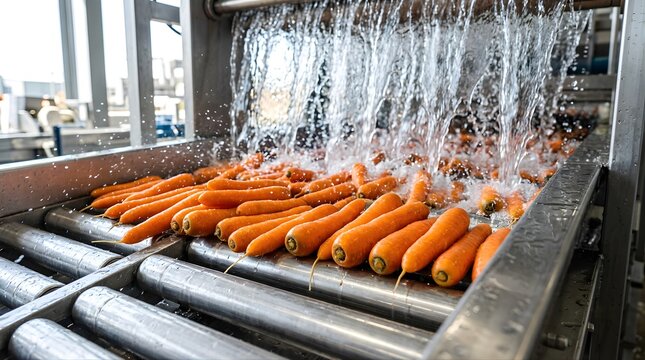 Fresh carrots moving on a conveyor belt washed with water in a factory