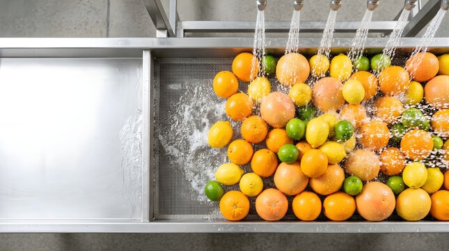 Fresh citrus fruits being washed with water in a metal industrial basin