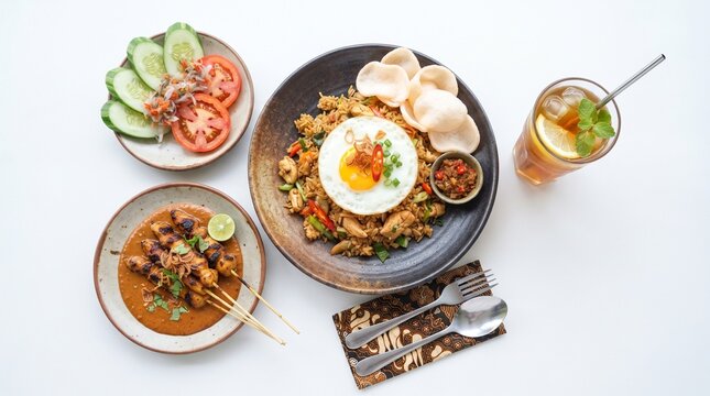 ​A delicious spread of authentic Indonesian food featuring Nasi Goreng (fried rice) with a fried egg and kerupuk, served alongside grilled chicken Satay with savory peanut sauce, fresh condiments.