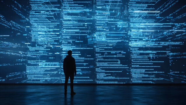 Digital Abyss: A solitary figure stands silhouetted against a vast, glowing digital wall composed of intricate code and data streams, representing the immense scale of information in the modern world.