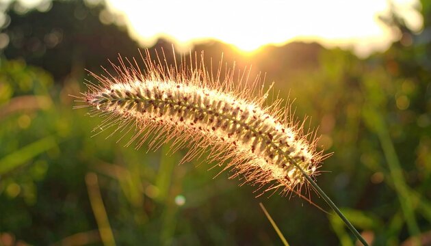 Close-up of a backlit foxtail grass flower head, capturing the sun's rays filtering through its bristles in a blurred natural setting