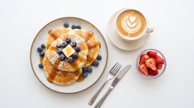 ​A top-down view of fluffy pancakes topped with butter, blueberries, and syrup, served alongside a cafe latte, fresh strawberries, and cutlery.