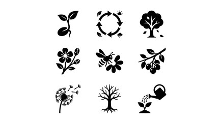 Fototapeta premium Black silhouettes of various trees plants.