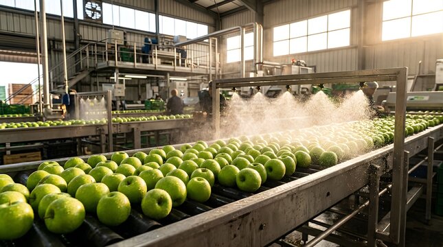 Fresh green apples moving on a conveyor belt being washed in a factory