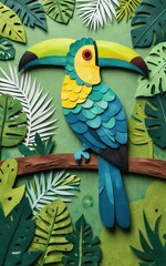 Obraz premium Vibrant toucan perched on branch, surrounded by lush tropical leaves in paper art style.