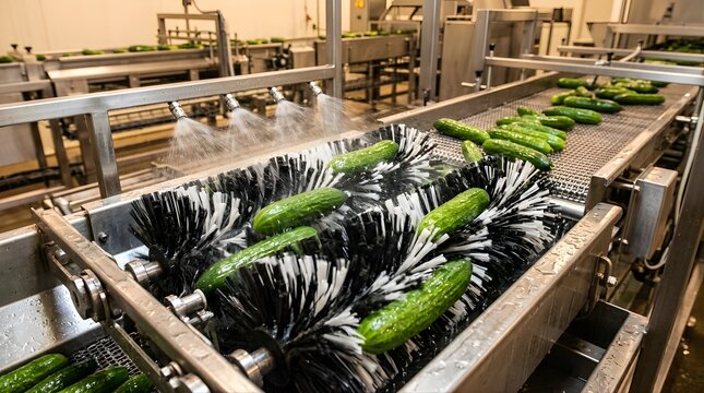Fresh green cucumbers being washed by rotating brushes on a factory conveyor