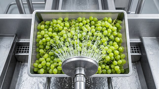 Fresh green grapes being washed in a stainless steel industrial container