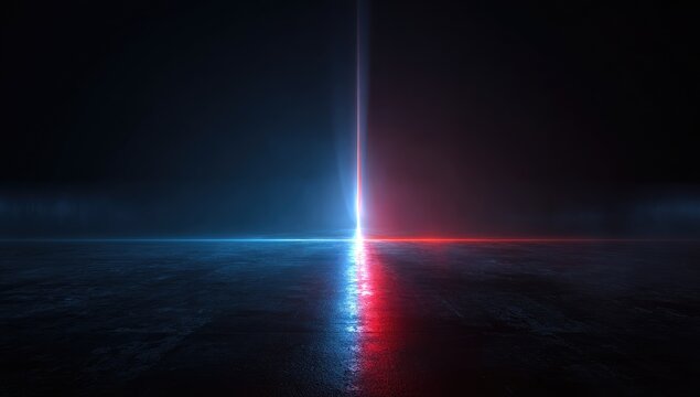 Futuristic digital artwork showcasing a radiant, vertical beam of light splitting a reflective surface, bathed in blue and red hues